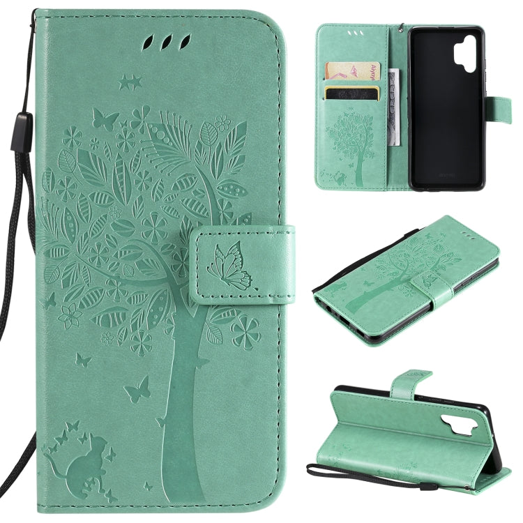 Tree & Cat Pattern Pressed Printing Horizontal Flip PU Leather Case with Holder & Card Slots & Wallet & Lanyard, For Samsung Galaxy A32 4G, For Samsung Galaxy S21 FE For Samsung Galaxy A32 4G Green