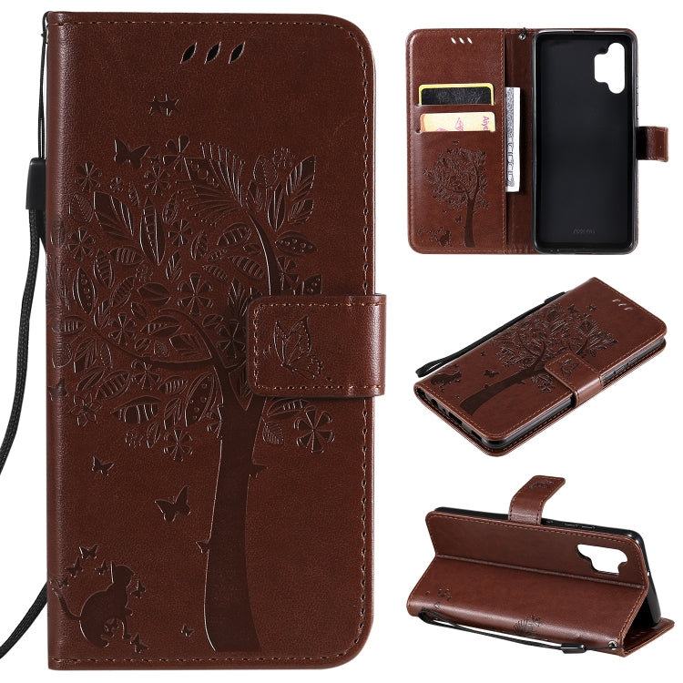 Tree & Cat Pattern Pressed Printing Horizontal Flip PU Leather Case with Holder & Card Slots & Wallet & Lanyard – Lanyard, Card Slot, Flip, For Samsung Galaxy A32 4G, For Samsung Galaxy S21 FE For Samsung Galaxy A32 4G Coffee