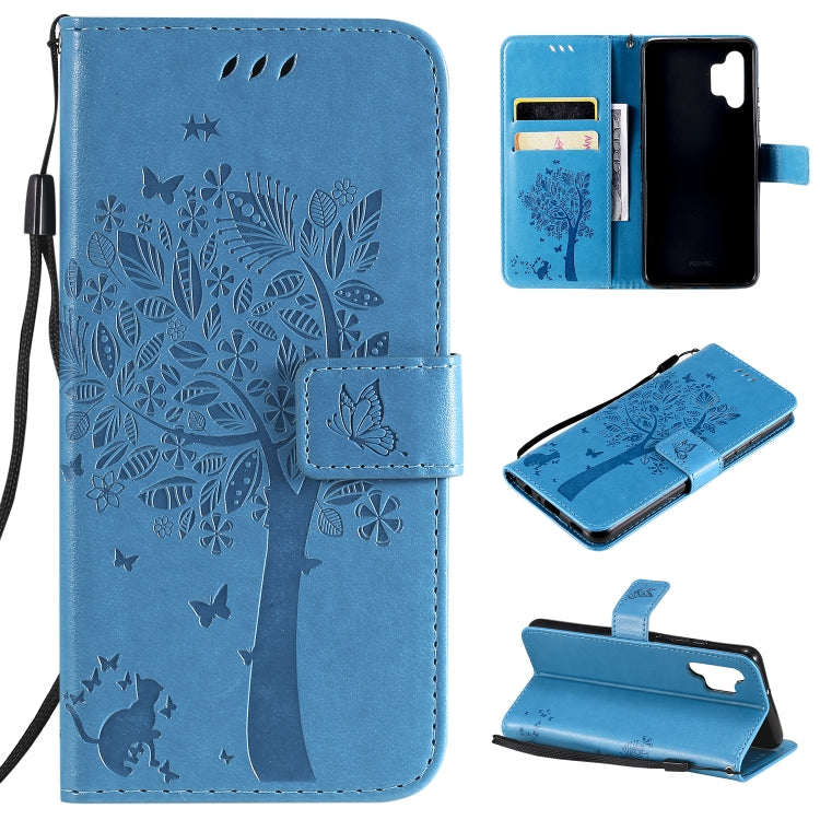 Tree & Cat Pattern Pressed Printing Horizontal Flip PU Leather Case with Holder & Card Slots & Wallet & Lanyard – Lanyard, Card Slot, Flip, For Samsung Galaxy A32 4G, For Samsung Galaxy S21 FE For Samsung Galaxy A32 4G Blue
