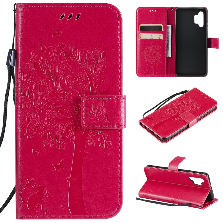 Tree & Cat Pattern Pressed Printing Horizontal Flip PU Leather Case with Holder & Card Slots & Wallet & Lanyard – Lanyard, Card Slot, Flip, For Samsung Galaxy A32 4G, For Samsung Galaxy S21 FE For Samsung Galaxy A32 4G Rose Red