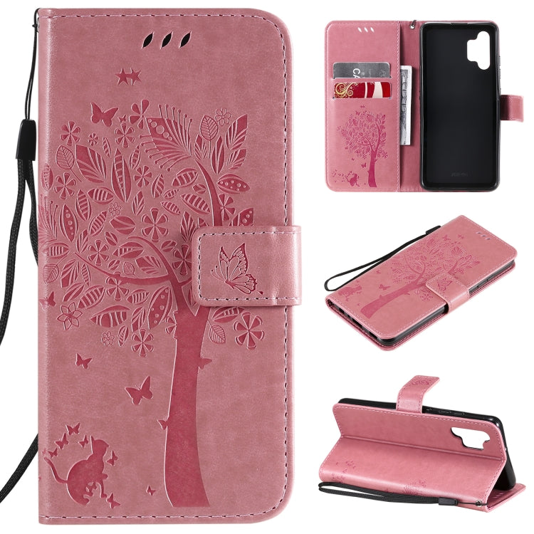 Tree & Cat Pattern Pressed Printing Horizontal Flip PU Leather Case with Holder & Card Slots & Wallet & Lanyard – Lanyard, Card Slot, Flip, For Samsung Galaxy A32 4G, For Samsung Galaxy S21 FE For Samsung Galaxy A32 4G Pink