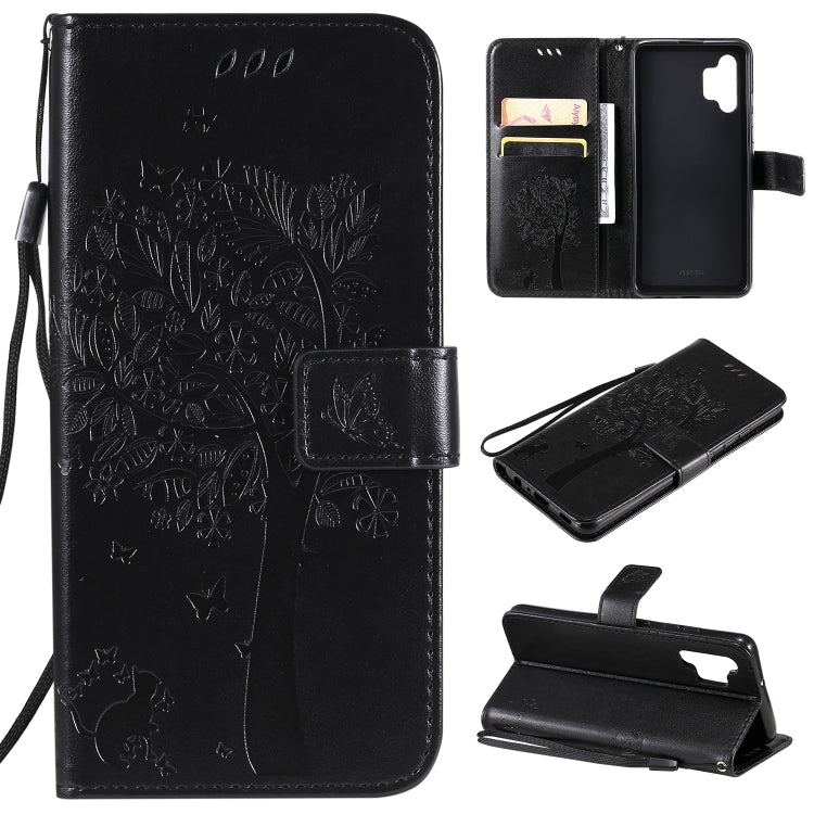 Tree & Cat Pattern Pressed Printing Horizontal Flip PU Leather Case with Holder & Card Slots & Wallet & Lanyard – Lanyard, Card Slot, Flip, For Samsung Galaxy A32 4G, For Samsung Galaxy S21 FE For Samsung Galaxy A32 4G Black