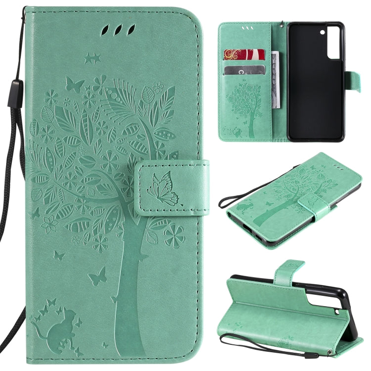 Tree & Cat Pattern Pressed Printing Horizontal Flip PU Leather Case with Holder & Card Slots & Wallet & Lanyard – Lanyard, Card Slot, Flip, For Samsung Galaxy A32 4G, For Samsung Galaxy S21 FE For Samsung Galaxy S21 FE Green
