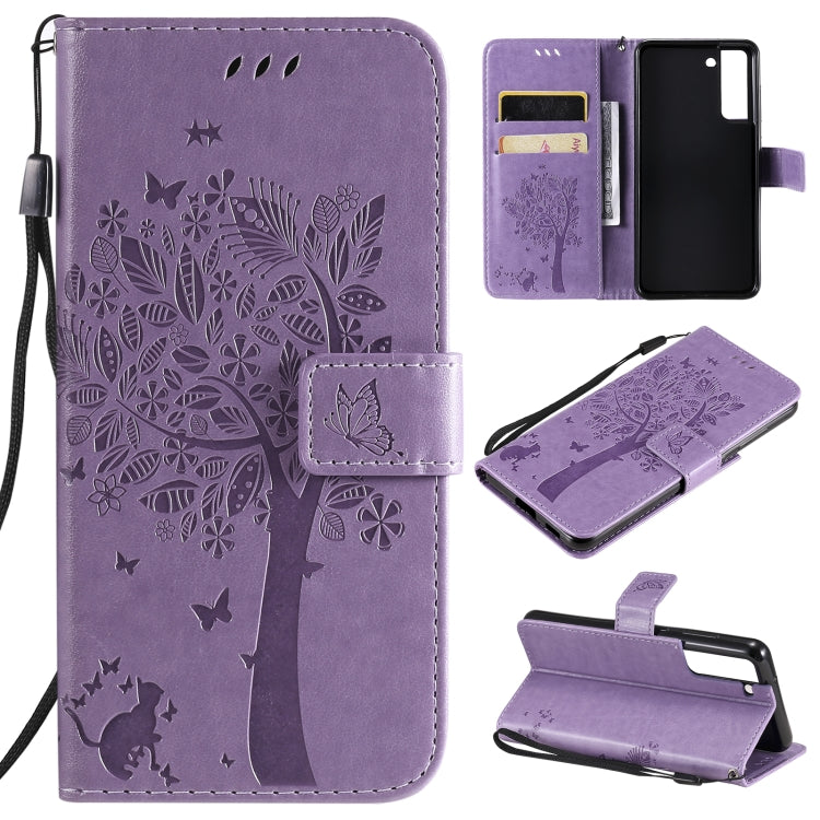 Tree & Cat Pattern Pressed Printing Horizontal Flip PU Leather Case with Holder & Card Slots & Wallet & Lanyard – Lanyard, Card Slot, Flip, For Samsung Galaxy A32 4G, For Samsung Galaxy S21 FE For Samsung Galaxy S21 FE Light Purple