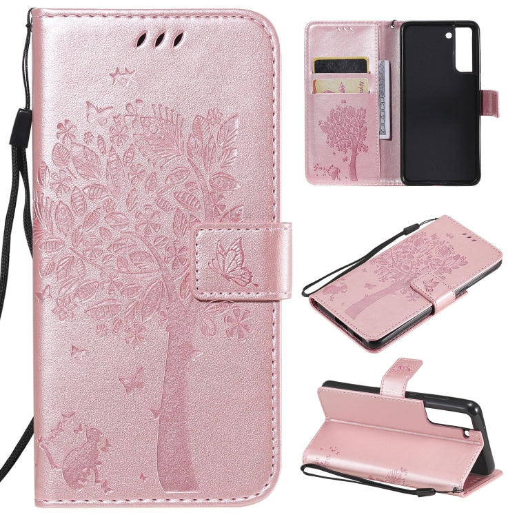 Tree & Cat Pattern Pressed Printing Horizontal Flip PU Leather Case with Holder & Card Slots & Wallet & Lanyard – Lanyard, Card Slot, Flip, For Samsung Galaxy A32 4G, For Samsung Galaxy S21 FE For Samsung Galaxy S21 FE Rose Gold