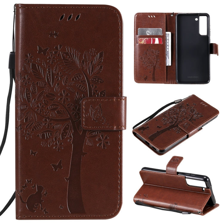 Tree & Cat Pattern Pressed Printing Horizontal Flip PU Leather Case with Holder & Card Slots & Wallet & Lanyard – Lanyard, Card Slot, Flip, For Samsung Galaxy A32 4G, For Samsung Galaxy S21 FE For Samsung Galaxy S21 FE Coffee