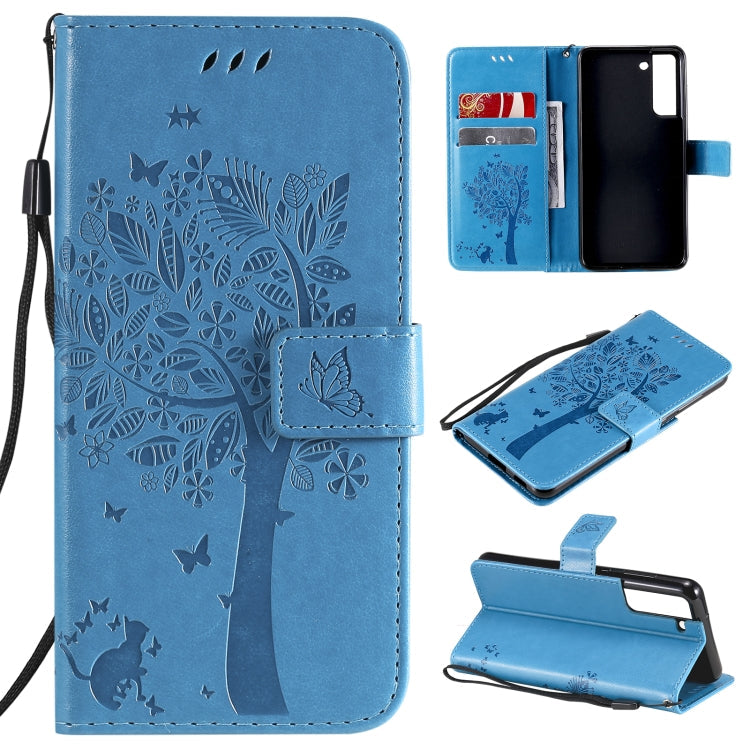 Tree & Cat Pattern Pressed Printing Horizontal Flip PU Leather Case with Holder & Card Slots & Wallet & Lanyard – Lanyard, Card Slot, Flip, For Samsung Galaxy A32 4G, For Samsung Galaxy S21 FE For Samsung Galaxy S21 FE Blue