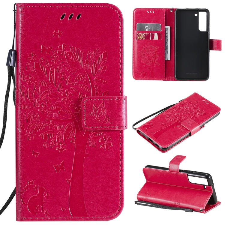 Tree & Cat Pattern Pressed Printing Horizontal Flip PU Leather Case with Holder & Card Slots & Wallet & Lanyard – Lanyard, Card Slot, Flip, For Samsung Galaxy A32 4G, For Samsung Galaxy S21 FE For Samsung Galaxy S21 FE Rose Red
