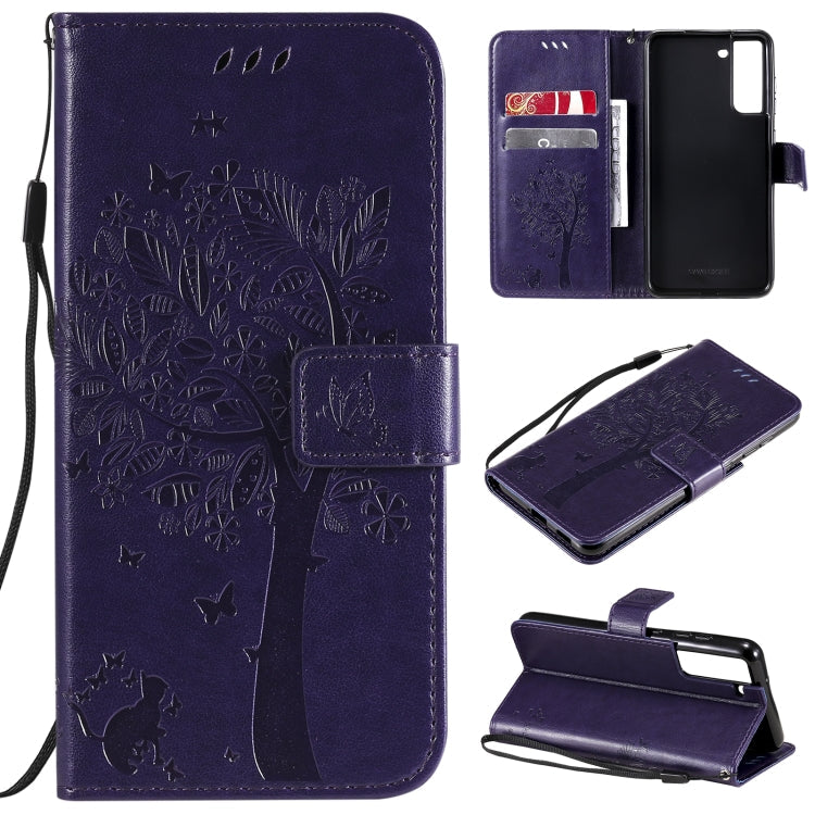Tree & Cat Pattern Pressed Printing Horizontal Flip PU Leather Case with Holder & Card Slots & Wallet & Lanyard – Lanyard, Card Slot, Flip, For Samsung Galaxy A32 4G, For Samsung Galaxy S21 FE For Samsung Galaxy S21 FE Purple