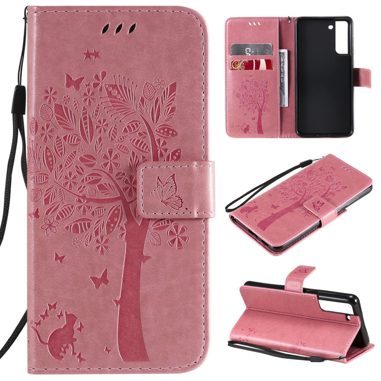 Tree & Cat Pattern Pressed Printing Horizontal Flip PU Leather Case with Holder & Card Slots & Wallet & Lanyard – Lanyard, Card Slot, Flip, For Samsung Galaxy A32 4G, For Samsung Galaxy S21 FE For Samsung Galaxy S21 FE Pink