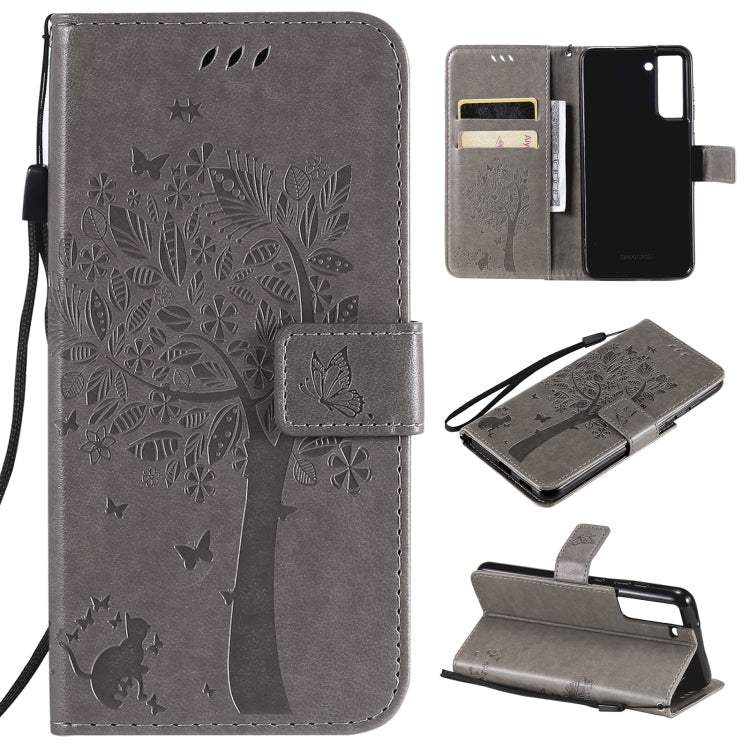 Tree & Cat Pattern Pressed Printing Horizontal Flip PU Leather Case with Holder & Card Slots & Wallet & Lanyard – Lanyard, Card Slot, Flip, For Samsung Galaxy A32 4G, For Samsung Galaxy S21 FE For Samsung Galaxy S21 FE Gray