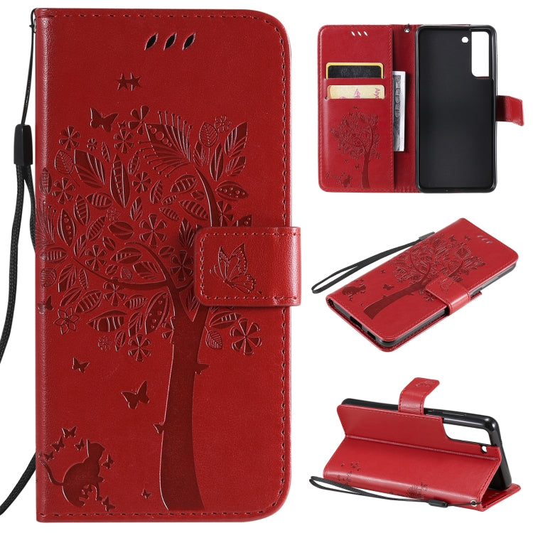 Tree & Cat Pattern Pressed Printing Horizontal Flip PU Leather Case with Holder & Card Slots & Wallet & Lanyard – Lanyard, Card Slot, Flip, For Samsung Galaxy A32 4G, For Samsung Galaxy S21 FE For Samsung Galaxy S21 FE Red