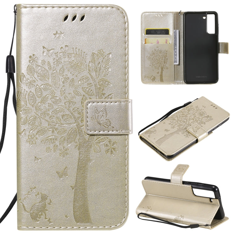 Tree & Cat Pattern Pressed Printing Horizontal Flip PU Leather Case with Holder & Card Slots & Wallet & Lanyard – Lanyard, Card Slot, Flip, For Samsung Galaxy A32 4G, For Samsung Galaxy S21 FE For Samsung Galaxy S21 FE Gold