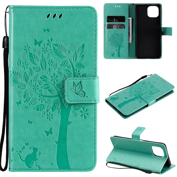 Tree & Cat Pattern Pressed Printing Horizontal Flip PU Leather Case with Holder & Card Slots & Wallet & Lanyard – Lanyard, Card Slot, Flip, For Xiaomi Mi 11 Lite 5G, For Xiaomi Mi 11 Pro For Xiaomi Mi 11 Lite 5G Green