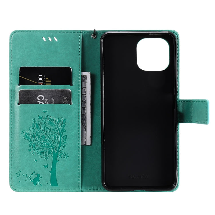 Tree & Cat Pattern Pressed Printing Horizontal Flip PU Leather Case with Holder & Card Slots & Wallet & Lanyard – Lanyard, Card Slot, Flip, For Xiaomi Mi 11 Lite 5G, For Xiaomi Mi 11 Pro