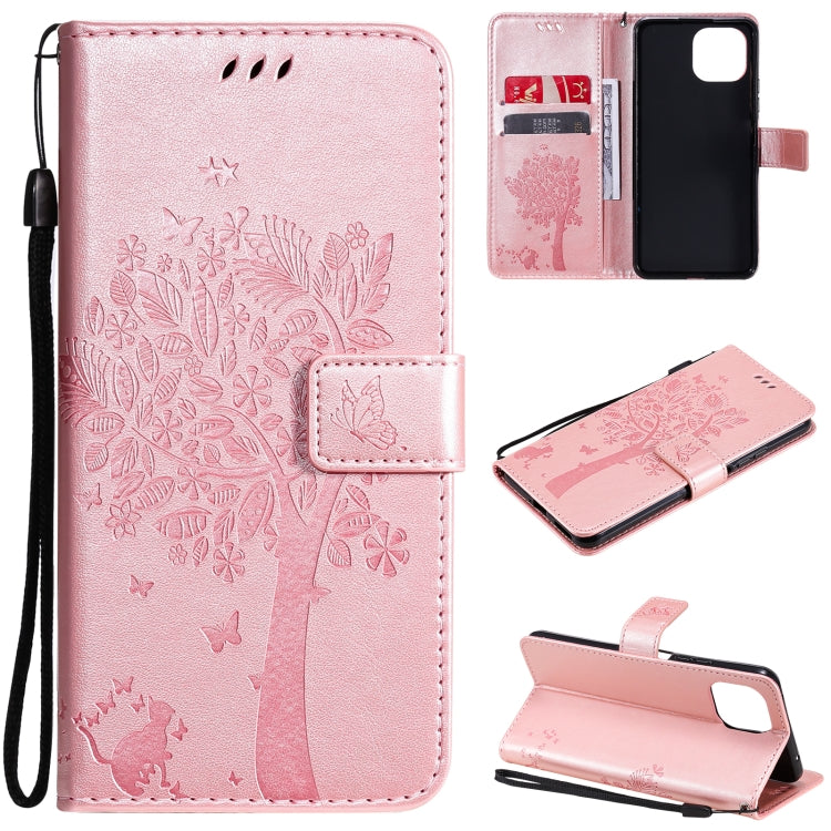 Tree & Cat Pattern Pressed Printing Horizontal Flip PU Leather Case with Holder & Card Slots & Wallet & Lanyard – Lanyard, Card Slot, Flip, For Xiaomi Mi 11 Lite 5G, For Xiaomi Mi 11 Pro For Xiaomi Mi 11 Lite 5G Rose Gold