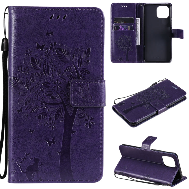 Tree & Cat Pattern Pressed Printing Horizontal Flip PU Leather Case with Holder & Card Slots & Wallet & Lanyard – Lanyard, Card Slot, Flip, For Xiaomi Mi 11 Lite 5G, For Xiaomi Mi 11 Pro For Xiaomi Mi 11 Lite 5G Purple