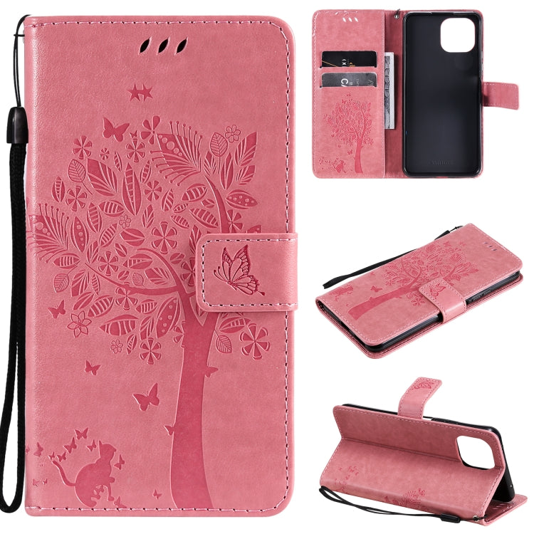 Tree & Cat Pattern Pressed Printing Horizontal Flip PU Leather Case with Holder & Card Slots & Wallet & Lanyard – Lanyard, Card Slot, Flip, For Xiaomi Mi 11 Lite 5G, For Xiaomi Mi 11 Pro For Xiaomi Mi 11 Lite 5G Pink