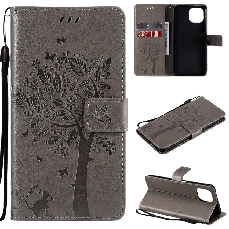 Tree & Cat Pattern Pressed Printing Horizontal Flip PU Leather Case with Holder & Card Slots & Wallet & Lanyard – Lanyard, Card Slot, Flip, For Xiaomi Mi 11 Lite 5G, For Xiaomi Mi 11 Pro For Xiaomi Mi 11 Lite 5G Gray