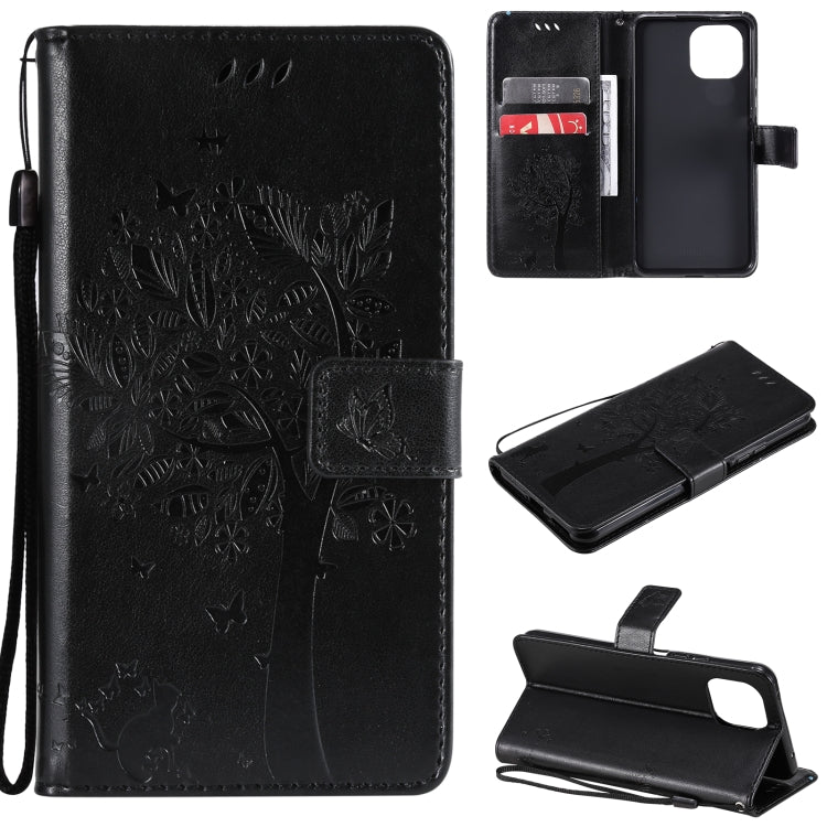 Tree & Cat Pattern Pressed Printing Horizontal Flip PU Leather Case with Holder & Card Slots & Wallet & Lanyard – Lanyard, Card Slot, Flip, For Xiaomi Mi 11 Lite 5G, For Xiaomi Mi 11 Pro For Xiaomi Mi 11 Lite 5G Black