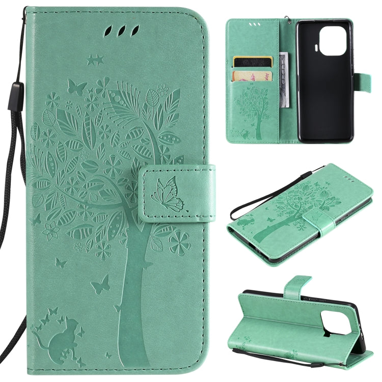 Tree & Cat Pattern Pressed Printing Horizontal Flip PU Leather Case with Holder & Card Slots & Wallet & Lanyard – Lanyard, Card Slot, Flip, For Xiaomi Mi 11 Lite 5G, For Xiaomi Mi 11 Pro For Xiaomi Mi 11 Pro Green