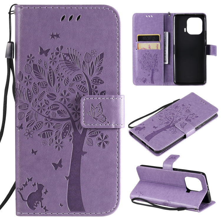 Tree & Cat Pattern Pressed Printing Horizontal Flip PU Leather Case with Holder & Card Slots & Wallet & Lanyard – Lanyard, Card Slot, Flip, For Xiaomi Mi 11 Lite 5G, For Xiaomi Mi 11 Pro For Xiaomi Mi 11 Pro Light Purple