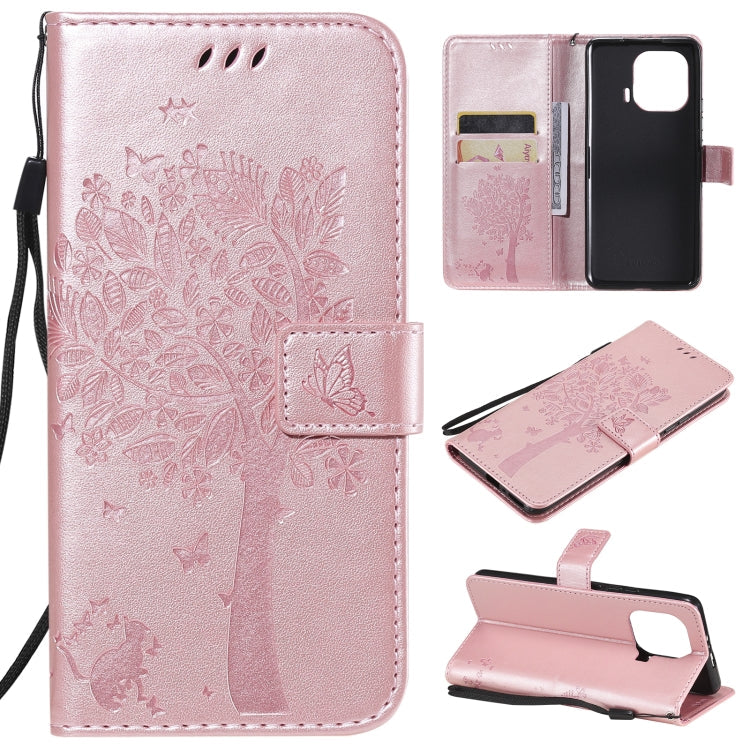 Tree & Cat Pattern Pressed Printing Horizontal Flip PU Leather Case with Holder & Card Slots & Wallet & Lanyard – Lanyard, Card Slot, Flip, For Xiaomi Mi 11 Lite 5G, For Xiaomi Mi 11 Pro For Xiaomi Mi 11 Pro Rose Gold