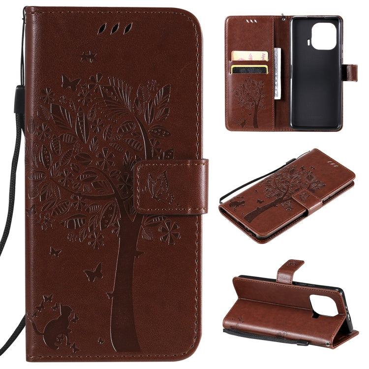 Tree & Cat Pattern Pressed Printing Horizontal Flip PU Leather Case with Holder & Card Slots & Wallet & Lanyard – Lanyard, Card Slot, Flip, For Xiaomi Mi 11 Lite 5G, For Xiaomi Mi 11 Pro For Xiaomi Mi 11 Pro Coffee