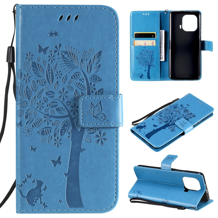 Tree & Cat Pattern Pressed Printing Horizontal Flip PU Leather Case with Holder & Card Slots & Wallet & Lanyard – Lanyard, Card Slot, Flip, For Xiaomi Mi 11 Lite 5G, For Xiaomi Mi 11 Pro For Xiaomi Mi 11 Pro Blue