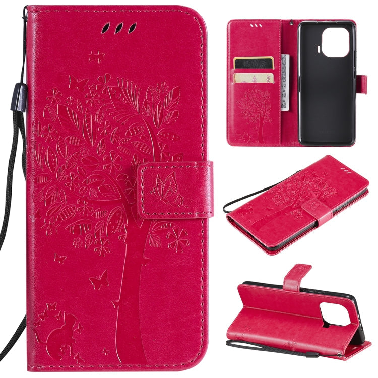 Tree & Cat Pattern Pressed Printing Horizontal Flip PU Leather Case with Holder & Card Slots & Wallet & Lanyard – Lanyard, Card Slot, Flip, For Xiaomi Mi 11 Lite 5G, For Xiaomi Mi 11 Pro For Xiaomi Mi 11 Pro Rose Red