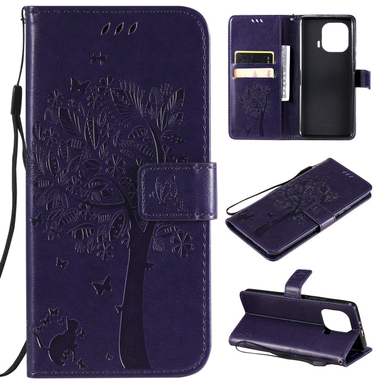 Tree & Cat Pattern Pressed Printing Horizontal Flip PU Leather Case with Holder & Card Slots & Wallet & Lanyard – Lanyard, Card Slot, Flip, For Xiaomi Mi 11 Lite 5G, For Xiaomi Mi 11 Pro For Xiaomi Mi 11 Pro Purple