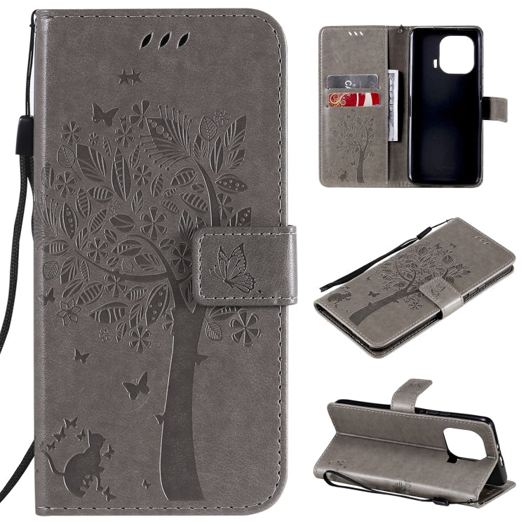Tree & Cat Pattern Pressed Printing Horizontal Flip PU Leather Case with Holder & Card Slots & Wallet & Lanyard – Lanyard, Card Slot, Flip, For Xiaomi Mi 11 Lite 5G, For Xiaomi Mi 11 Pro For Xiaomi Mi 11 Pro Gray