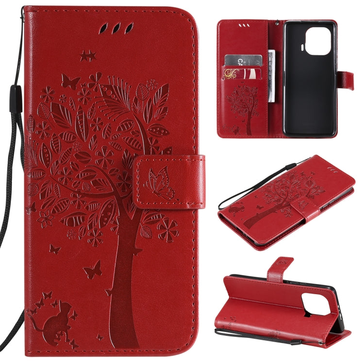 Tree & Cat Pattern Pressed Printing Horizontal Flip PU Leather Case with Holder & Card Slots & Wallet & Lanyard – Lanyard, Card Slot, Flip, For Xiaomi Mi 11 Lite 5G, For Xiaomi Mi 11 Pro For Xiaomi Mi 11 Pro Red