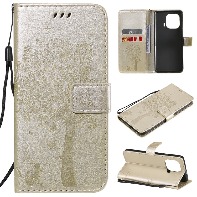 Tree & Cat Pattern Pressed Printing Horizontal Flip PU Leather Case with Holder & Card Slots & Wallet & Lanyard – Lanyard, Card Slot, Flip, For Xiaomi Mi 11 Lite 5G, For Xiaomi Mi 11 Pro For Xiaomi Mi 11 Pro Gold