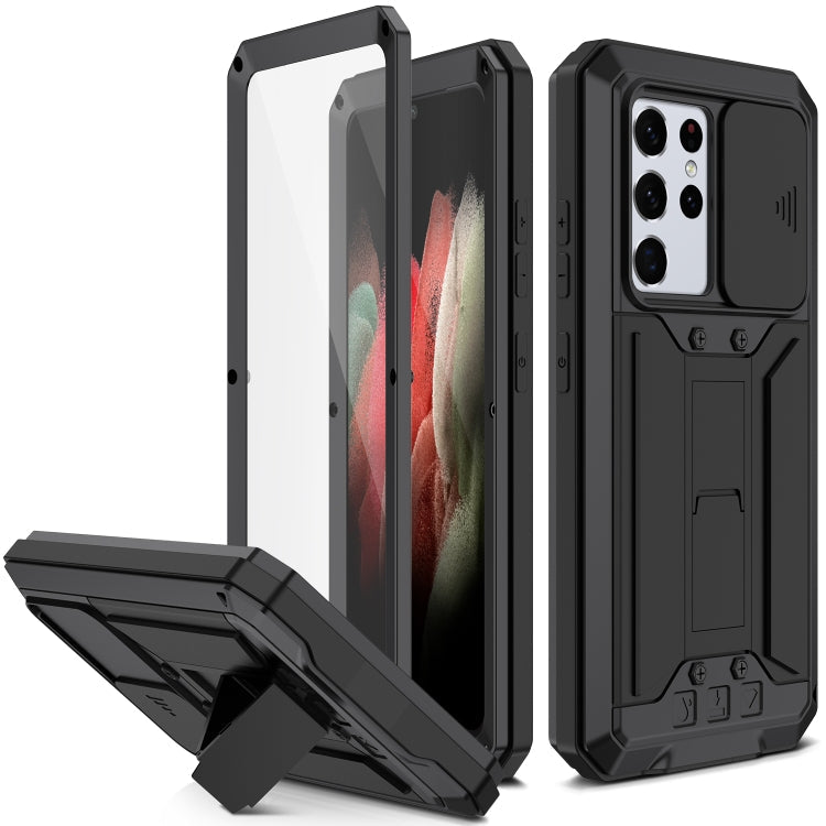 R-JUST Sliding Lens Cover Shockproof Dustproof Waterproof Metal + Silicone Case with Invisible Holder, For Samsung Galaxy S21 Ultra 5G For Samsung Galaxy S21 Ultra 5G Black