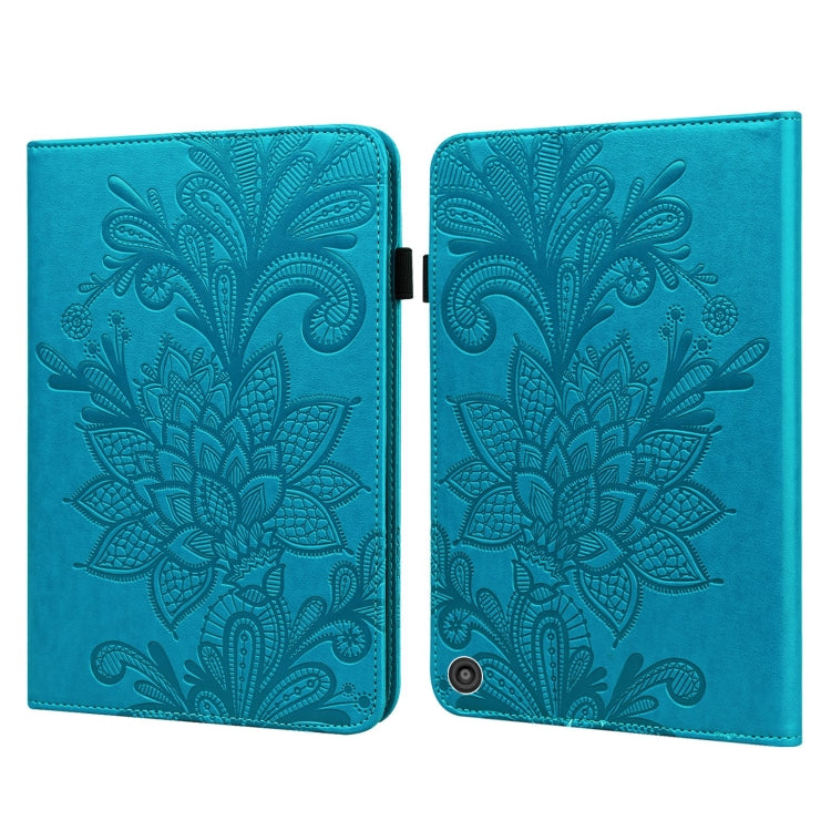 Lace Flower Embossing Pattern Horizontal Flip Leather Case with Holder & Card Slots & Wallet & Photo Frame & Sleep / Wake-up Function, For Amazon Kindle Fire HD 8 2020 / HD 8 Plus 2020, For Amazon Kindle Fire HD 10 2019 / 2018 / 2017 / 2016 For Amazon Kindle Fire HD 8 2020 HD 8 Plus 2020 Blue