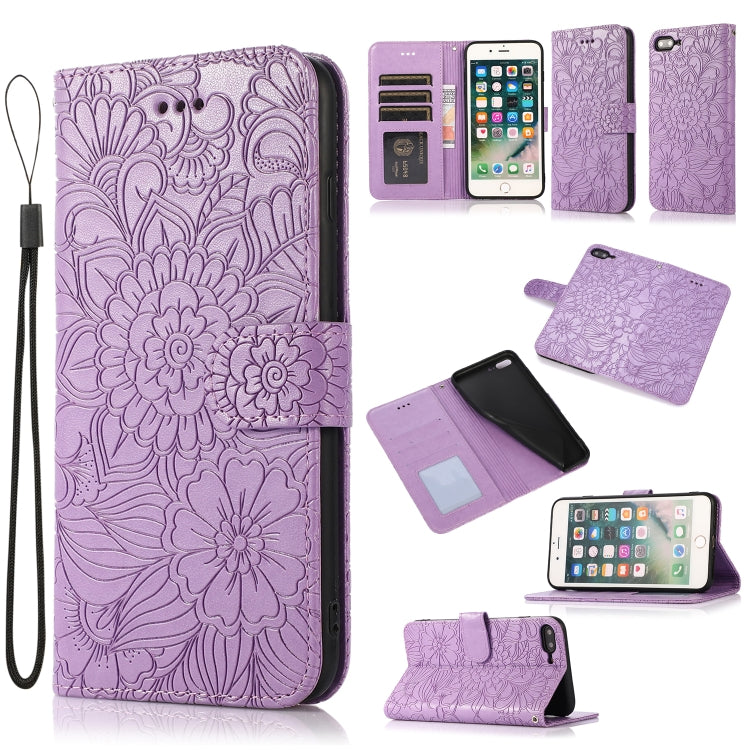 Skin Feel Embossed Sunflower Horizontal Flip Leather Case with Holder & Card Slots & Wallet & Lanyard, For iPhone 7 Plus / 8 Plus, For iPhone 7 / 8 / SE(2020) For iPhone 7 Plus 8 Plus Purple