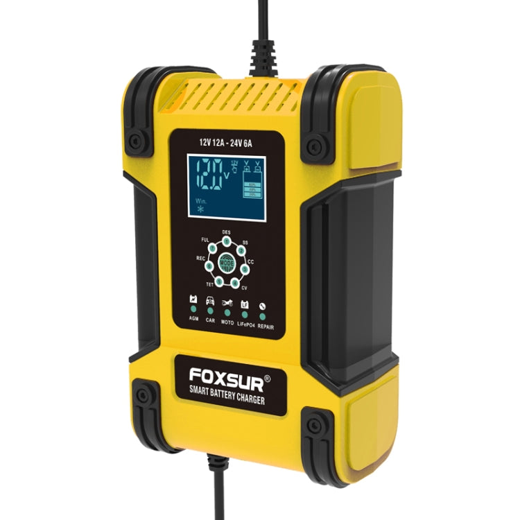 FOXSUR 12A / 12V / 24V Car / Motorcycle 7-stage Lead-acid Battery AGM Charger, 12A, US Plug, 12A, EU Plug, 12A, UK Plug – TPU 12A, UK Plug Yellow