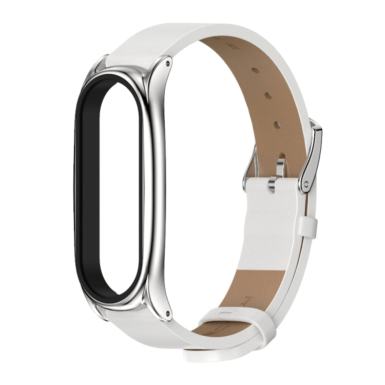 For Xiaomi Mi Band 6 / 5 Mijobs Metal Case Crazy Horse Texture PU Microfiber Plus Watch Band White Silver