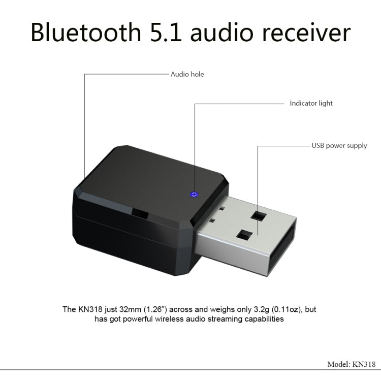 KN318 USB Bluetooth 5.1 Adapter Audio Receiver, KN318 – Bluetooth, TPU
