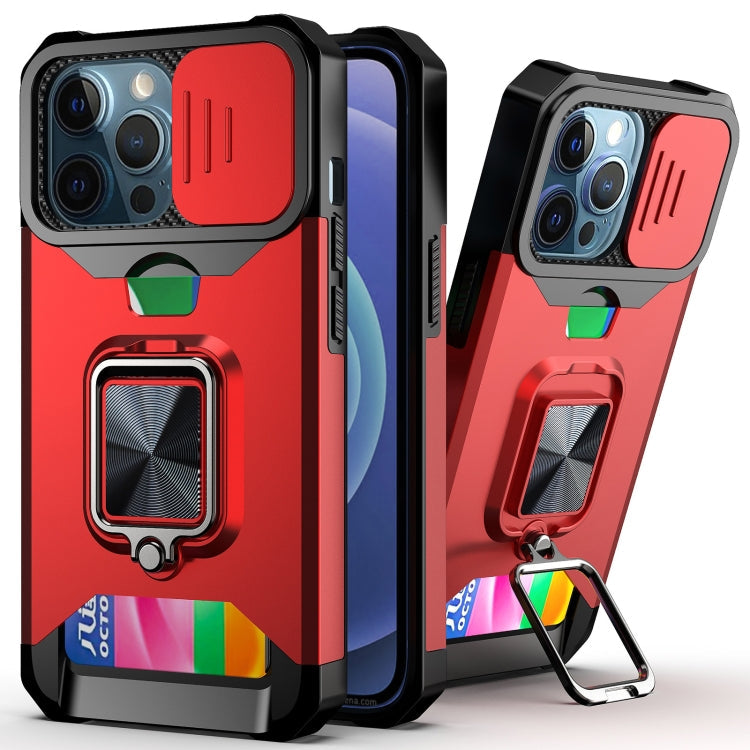 Sliding Camera Cover Design PC + TPU Shockproof Case with Ring Holder & Card Slot, For iPhone 13 Pro Max, For iPhone 11, For iPhone XS Max For iPhone 13 Pro Max Red