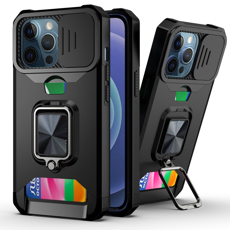 Sliding Camera Cover Design PC + TPU Shockproof Case with Ring Holder & Card Slot – Shockproof, Ring Holder, Card Slot, For iPhone 13 Pro Max, For iPhone 11, For iPhone XS Max For iPhone 13 Pro Max Black