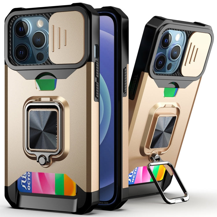 Sliding Camera Cover Design PC + TPU Shockproof Case with Ring Holder & Card Slot – Shockproof, Ring Holder, Card Slot, For iPhone 13 Pro Max, For iPhone 11, For iPhone XS Max For iPhone 13 Pro Max Gold