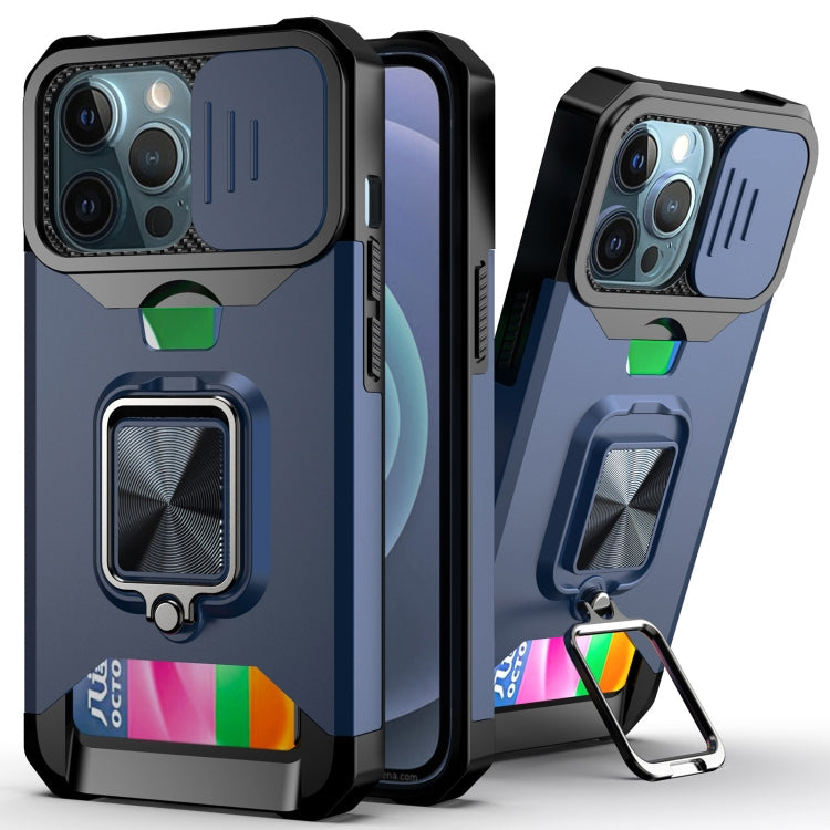 Sliding Camera Cover Design PC + TPU Shockproof Case with Ring Holder & Card Slot – Shockproof, Ring Holder, Card Slot, For iPhone 13 Pro Max, For iPhone 11, For iPhone XS Max For iPhone 13 Pro Max Blue