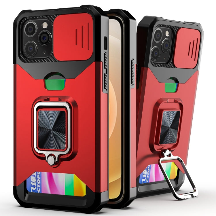 Sliding Camera Cover Design PC + TPU Shockproof Case with Ring Holder & Card Slot – Shockproof, Ring Holder, Card Slot, For iPhone 13 Pro Max, For iPhone 11, For iPhone XS Max For iPhone 11 Red