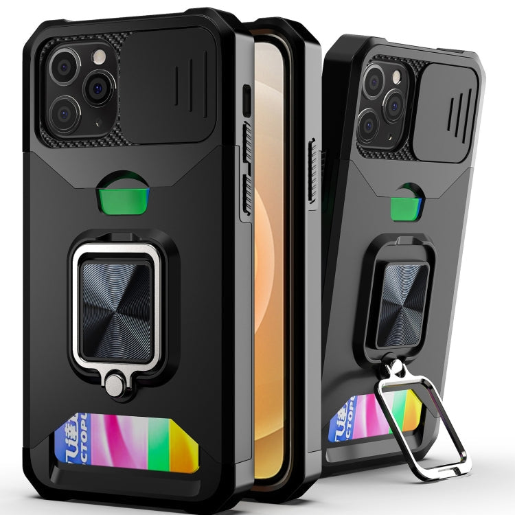Sliding Camera Cover Design PC + TPU Shockproof Case with Ring Holder & Card Slot – Shockproof, Ring Holder, Card Slot, For iPhone 13 Pro Max, For iPhone 11, For iPhone XS Max For iPhone 11 Black