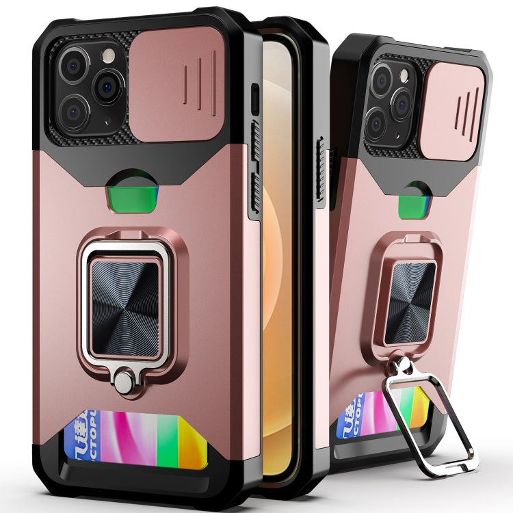 Sliding Camera Cover Design PC + TPU Shockproof Case with Ring Holder & Card Slot – Shockproof, Ring Holder, Card Slot, For iPhone 13 Pro Max, For iPhone 11, For iPhone XS Max For iPhone 11 Rose Gold