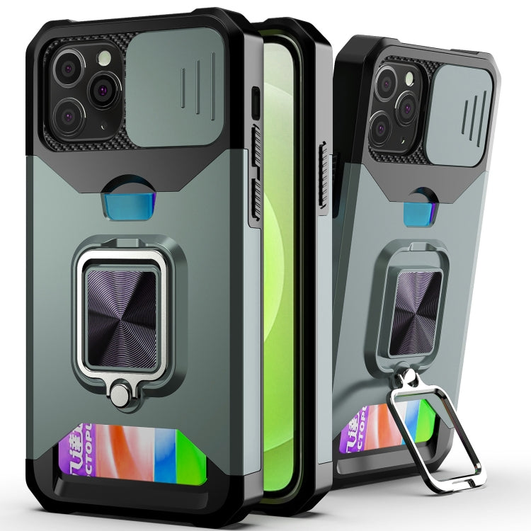 Sliding Camera Cover Design PC + TPU Shockproof Case with Ring Holder & Card Slot – Shockproof, Ring Holder, Card Slot, For iPhone 13 Pro Max, For iPhone 11, For iPhone XS Max For iPhone 11 Dark Green