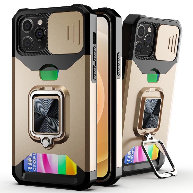 Sliding Camera Cover Design PC + TPU Shockproof Case with Ring Holder & Card Slot – Shockproof, Ring Holder, Card Slot, For iPhone 13 Pro Max, For iPhone 11, For iPhone XS Max For iPhone 11 Gold