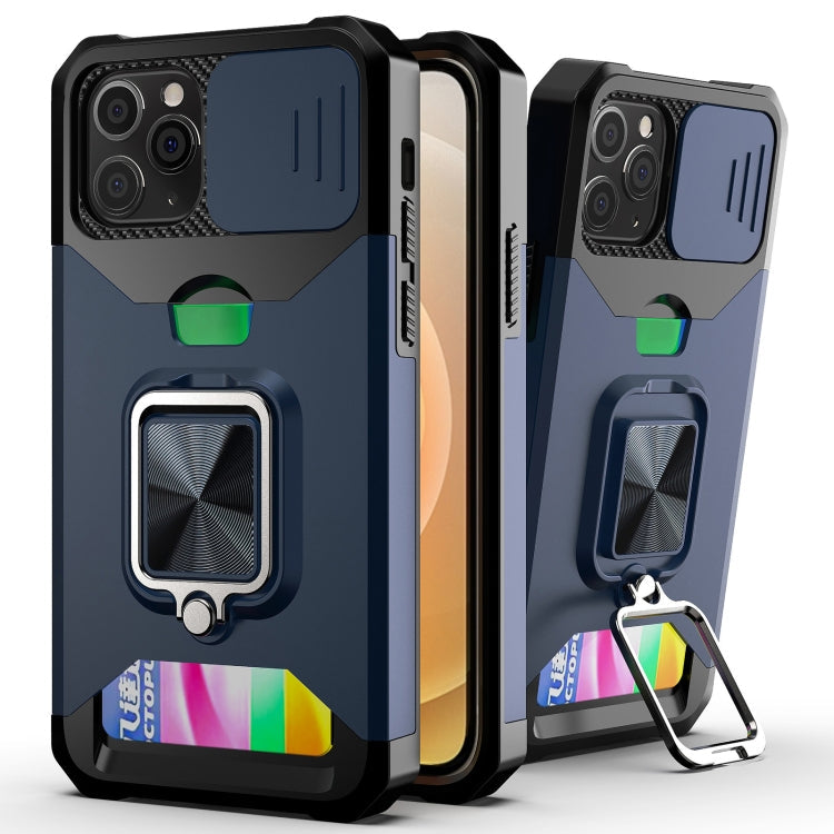 Sliding Camera Cover Design PC + TPU Shockproof Case with Ring Holder & Card Slot – Shockproof, Ring Holder, Card Slot, For iPhone 13 Pro Max, For iPhone 11, For iPhone XS Max For iPhone 11 Blue
